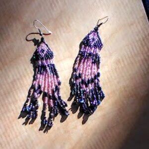 Pink, Purple & Black Beaded Earrings: 3" long